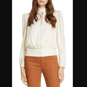 Frame Vanilla Off White Jacquard Stripe Keyhole Silk Long Sleeve Blouse L